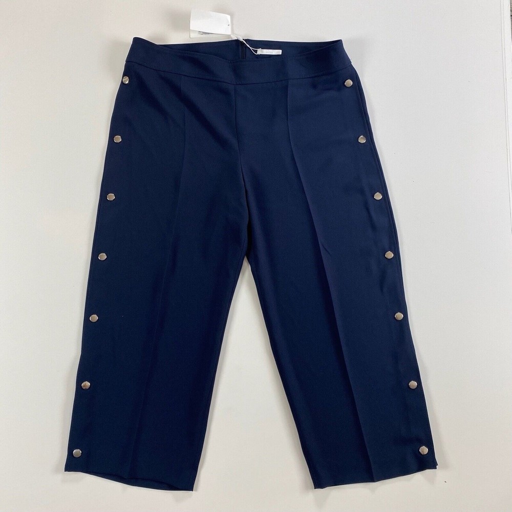Boss Hugo Cropped Women Telareama Button Accent Navy Blue Work Dress Pants Sz 18